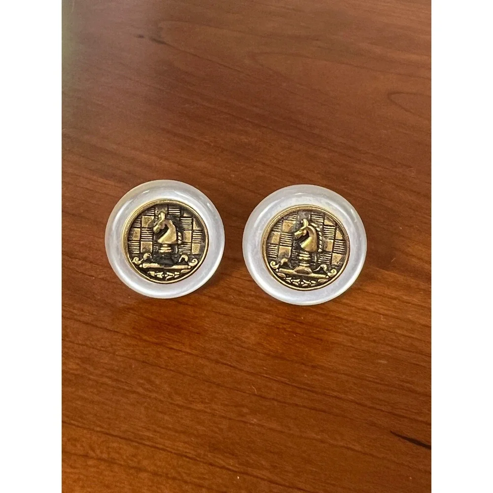 Vintage Men Chess Knight Cufflinks Gold Tone White Pearlescent Round Formal Wear